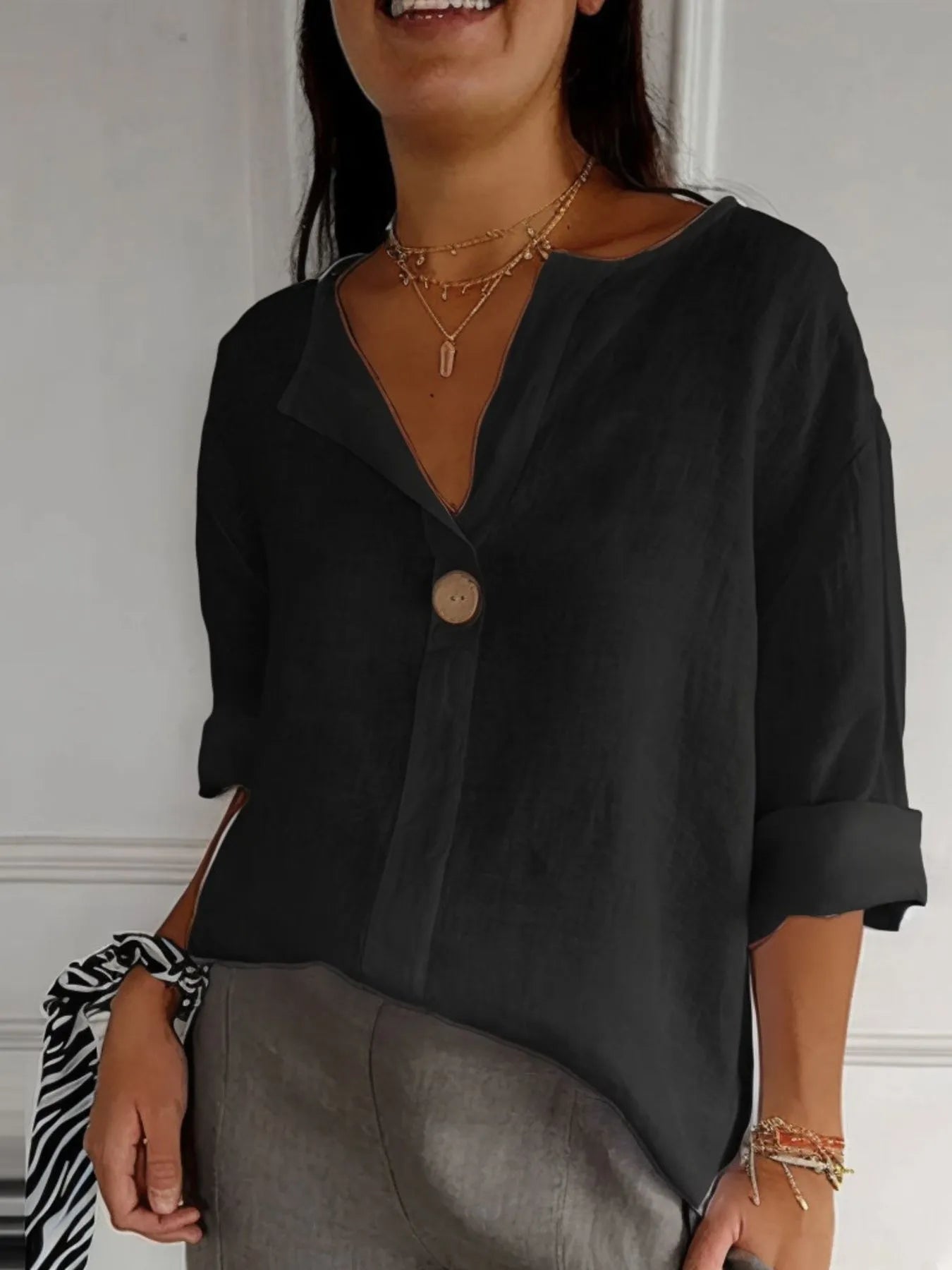Full Size Linen Blend Notched Blouse Plus Size - Premium Shirt from Trendsi - Just $19.69! Shop now at Craftklart.store