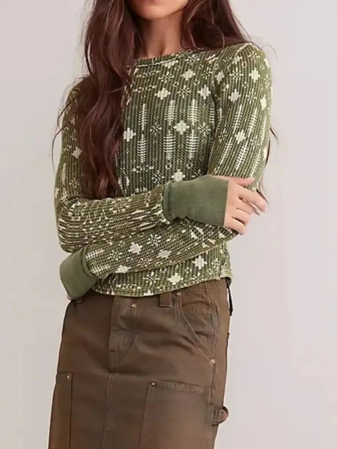 Floral Print Waffle Knit Top - Premium Jumper from Trendsi - Just $24.68! Shop now at Craftklart.store