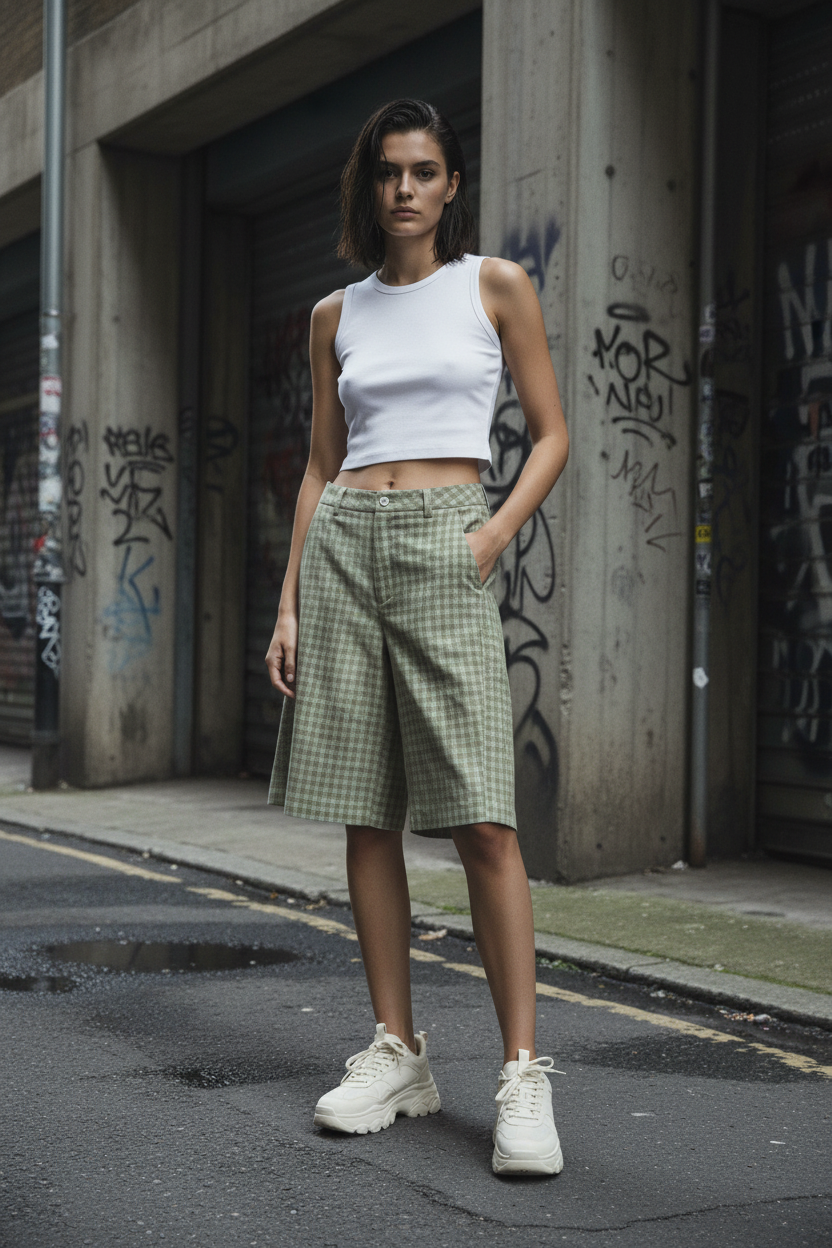 ODMPOD vintage plaid loose shorts featuring a relaxed fit and classic pattern, perfect for casual wear.