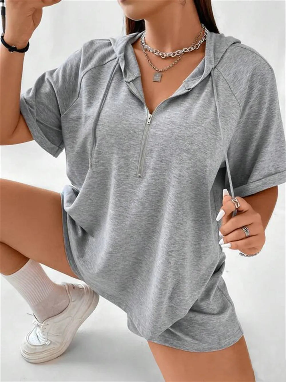 Full Size Drawstring Half Zip Hooded Top and Shorts Set Plus Size - Premium Hoodie from Trendsi - Just $19.99! Shop now at Craftklart.store