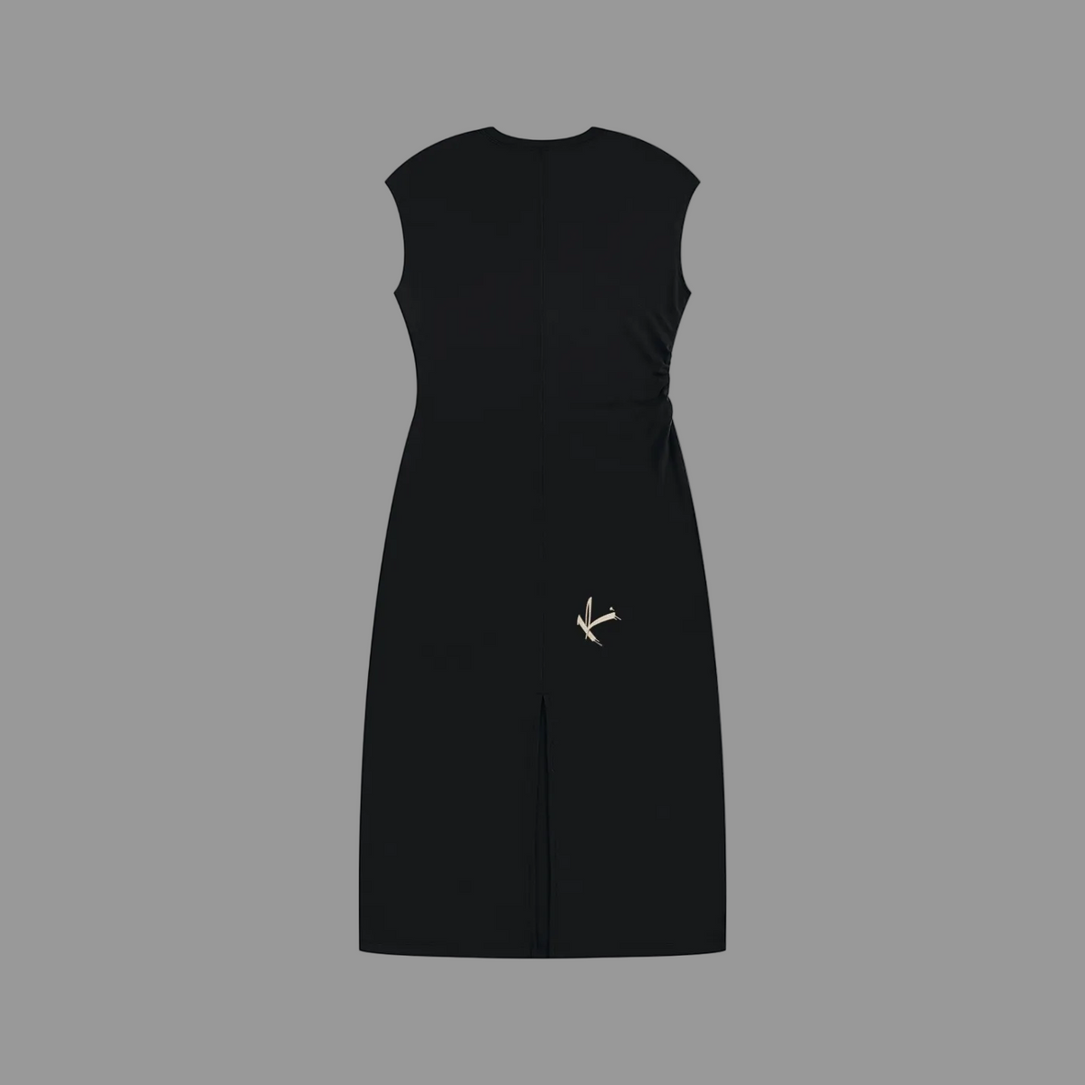Black ruched sleeveless bodycon dress from ODMPOD featuring a fitted silhouette and elegant design.