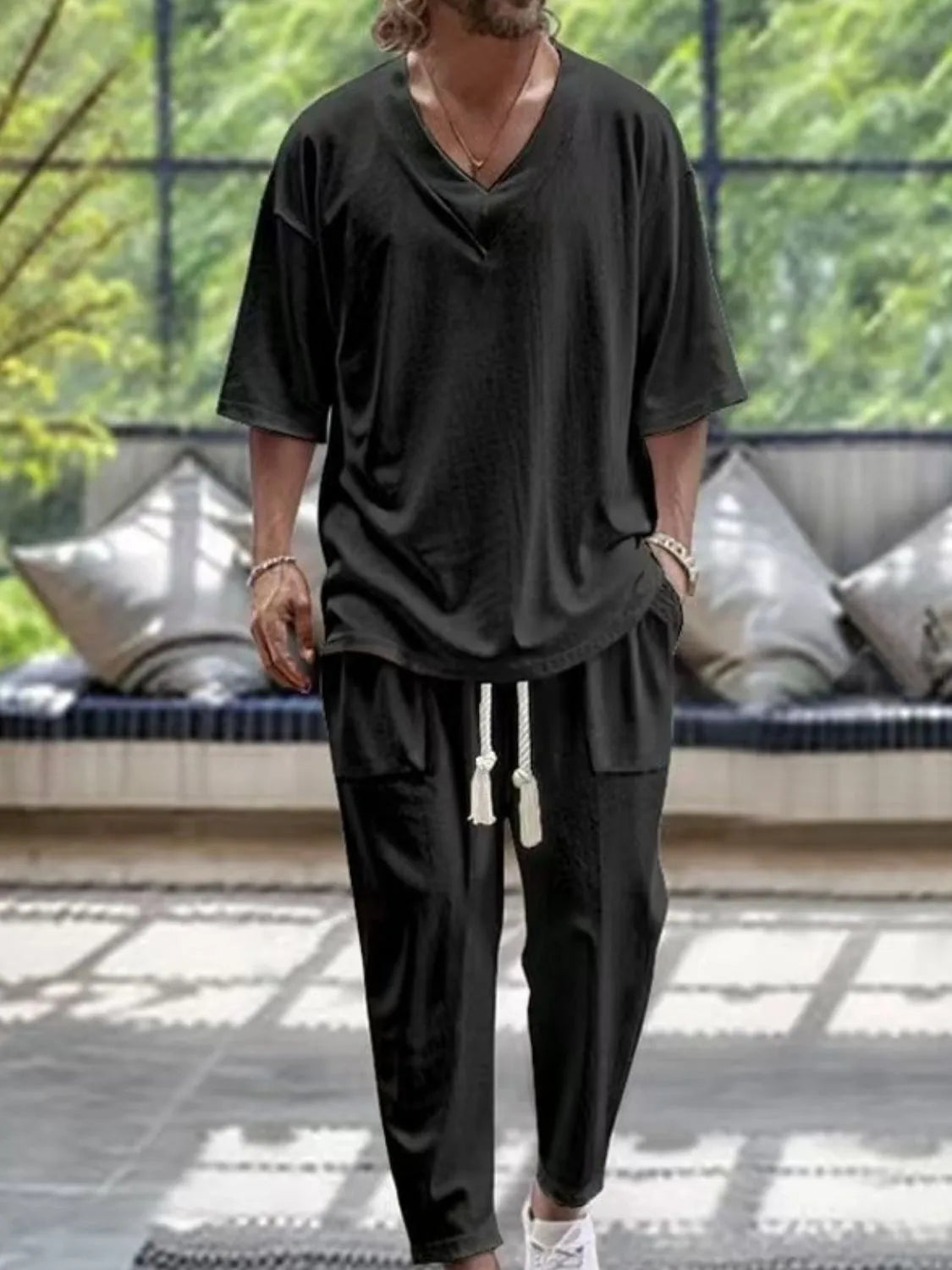 Men's V-Neck Half Sleeve Top and Pants Set - Premium from Trendsi - Just $23.01! Shop now at Craftklart.store