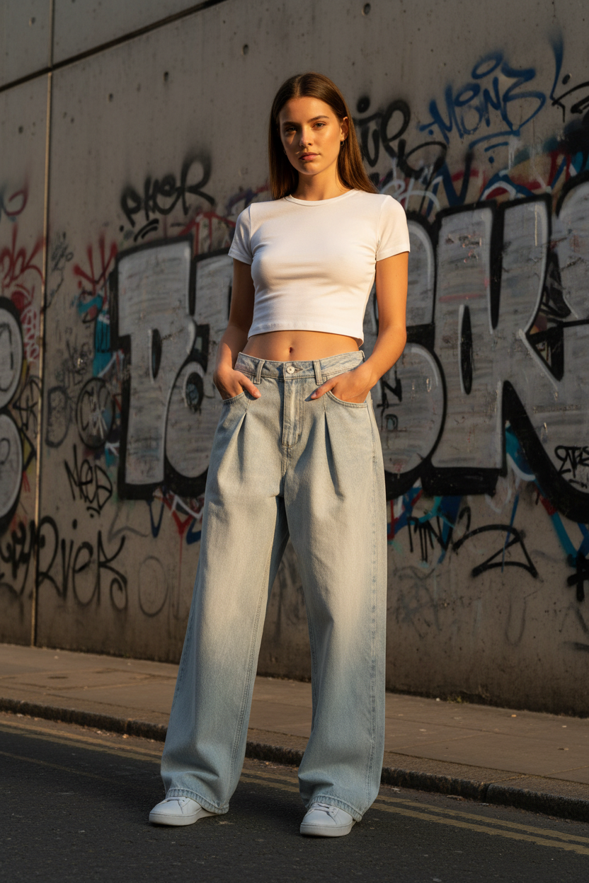 Relaxed Wide-Leg Jeans — Washed Denim