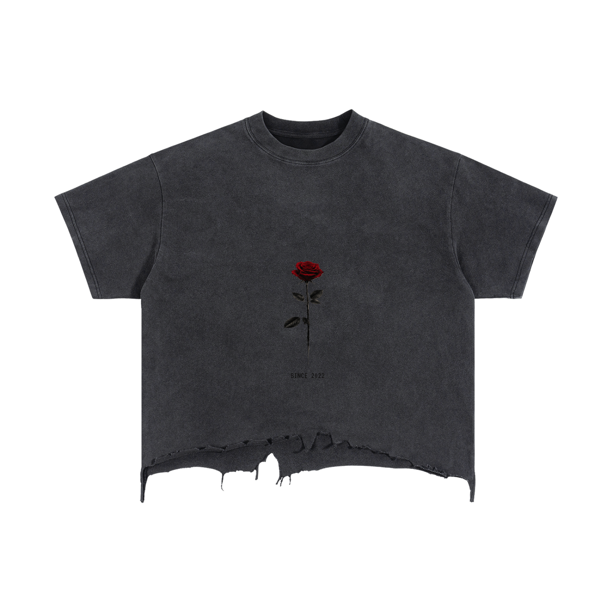 ODMPOD English Rose distressed boxy T-shirt with floral print and relaxed fit, casual women's cotton tee.