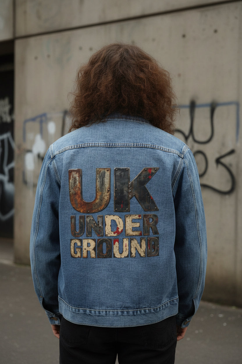 Vintage UK Underground denim jacket with graphic design, urban streetwear outerwear, crafted by Urban Fashion & Streetwear.