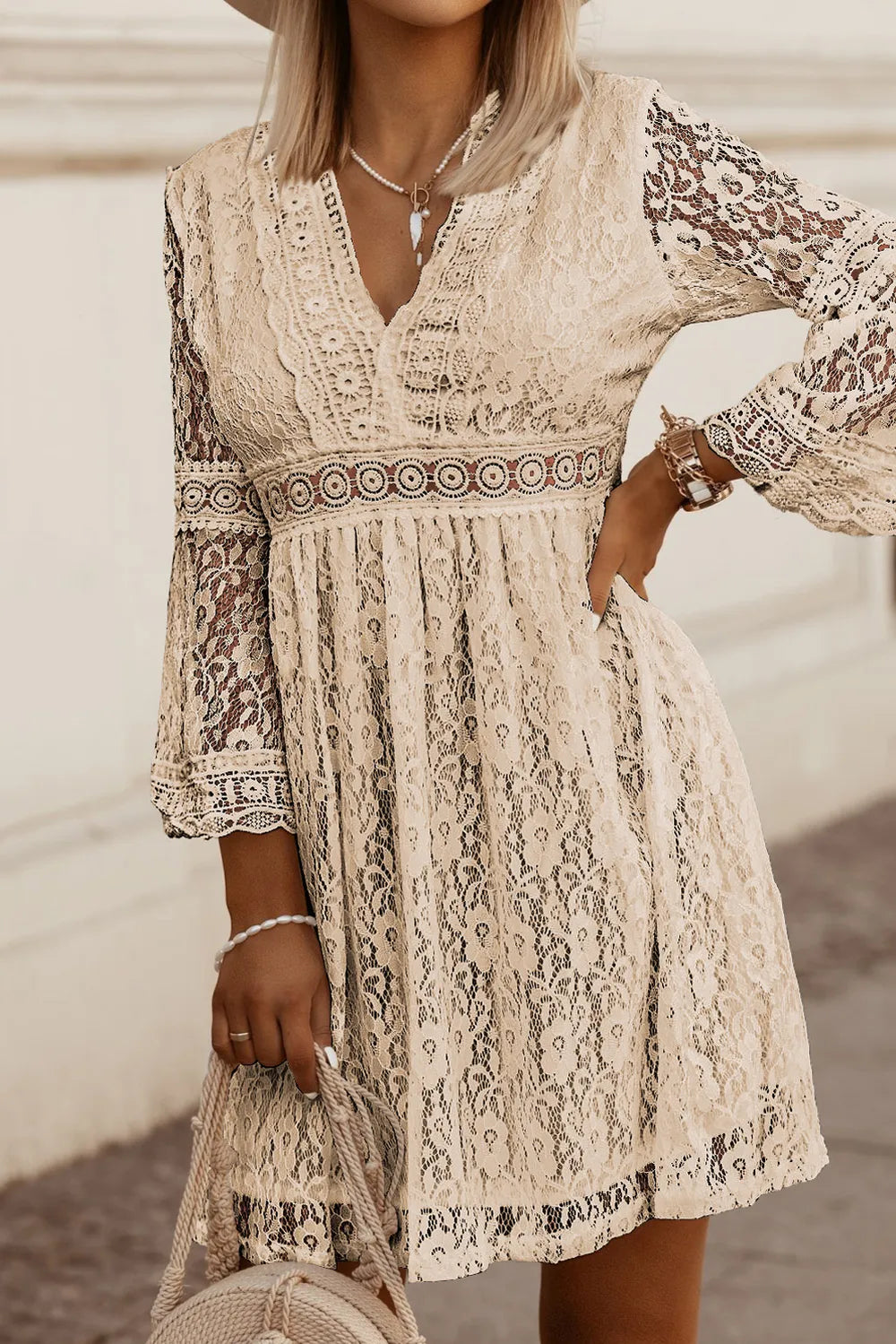 Lace V-Neck Three-Quarter Sleeve Dress - Premium Dress from Trendsi - Just $27.33! Shop now at Craftklart.store
