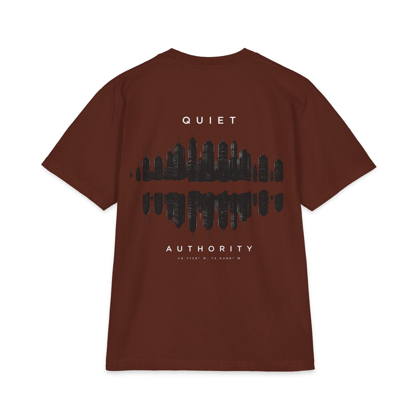 Urban graphic T-shirt featuring a city skyline design on a heavyweight Printify T-shirt, showcasing cityscape artwork.