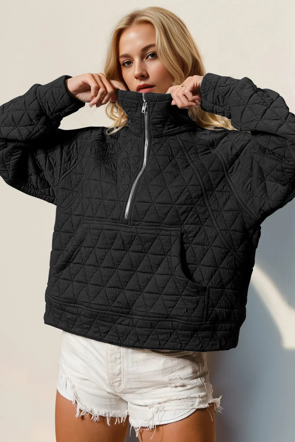 Double Take Half Zip Long Sleeve Quilted Sweatshirt with Pocket - Premium Bomber Jacket from Trendsi - Just $31.76! Shop now at Craftklart.store