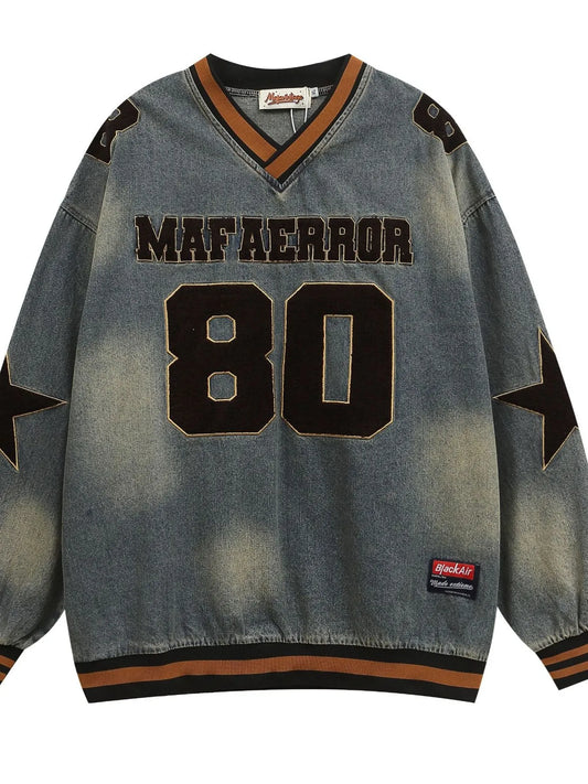 Men's Washed Denim Sports Jersey Sweatshirt - Premium Sweater from Trendsi - Just $83.02! Shop now at Craftklart.store