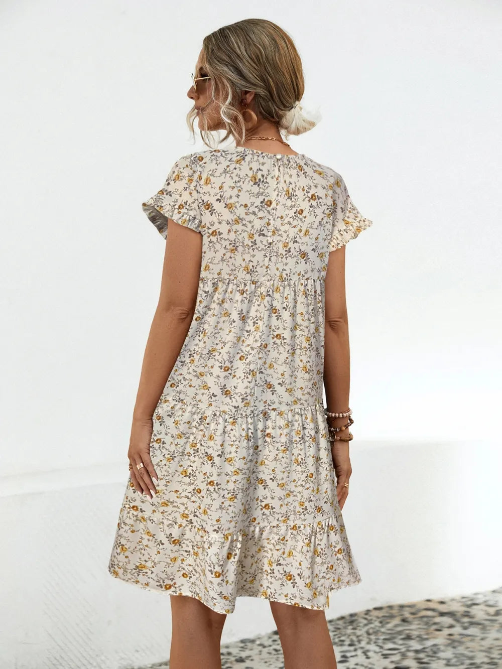 Frill Floral Round Neck Short Sleeve Tiered Dress - Premium Dress from Trendsi - Just $19.46! Shop now at Craftklart.store