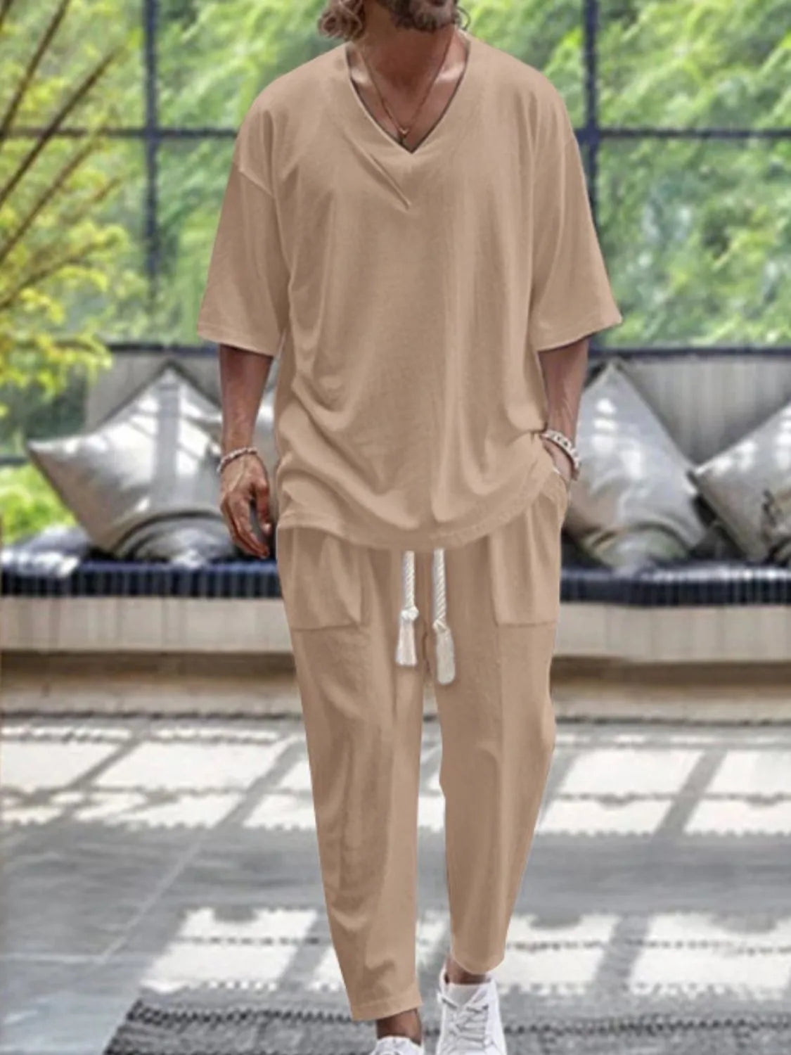 Men's V-Neck Half Sleeve Top and Pants Set - Premium from Trendsi - Just $23.01! Shop now at Craftklart.store