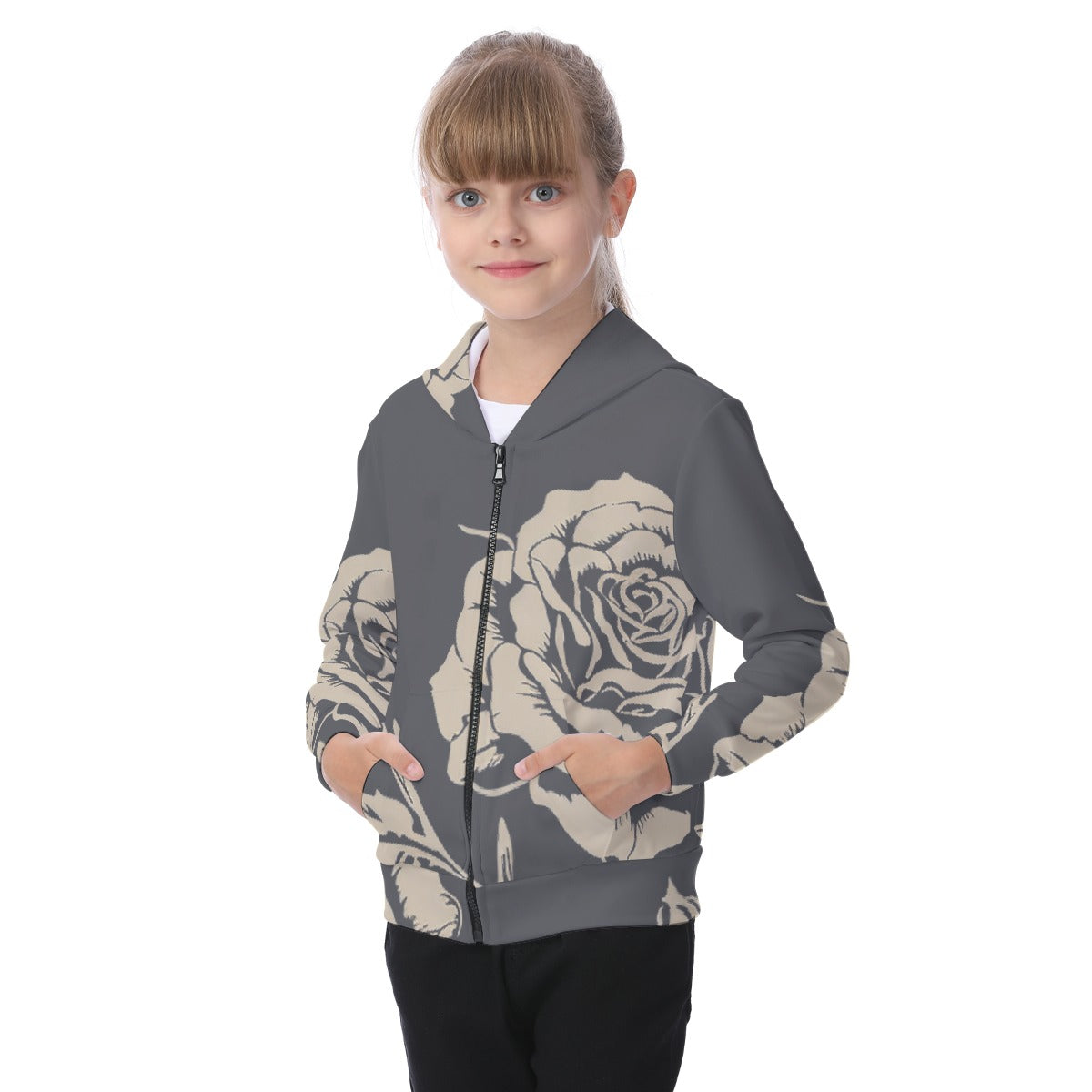 Grey Rose All-Over Print Kid's Zip-up Hoodie With Patch Pocket - Premium Kids clothes from Craftklart.store - Just $36! Shop now at Craftklart.store