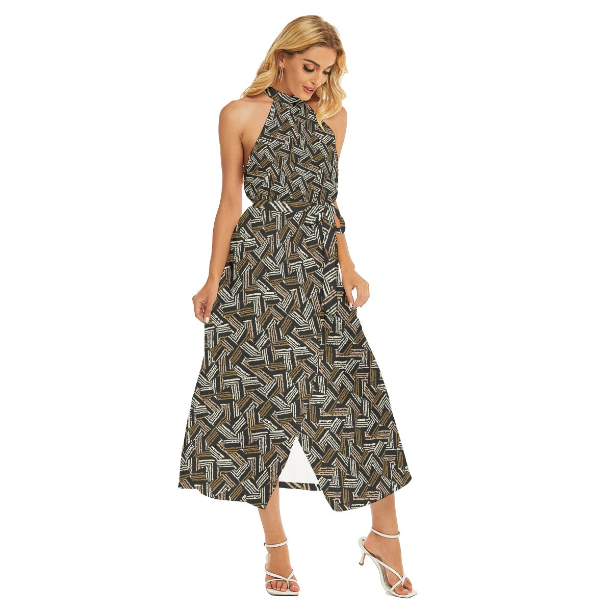 CKL All-Over Print Women's Wrap Hem Belted Halter Dress - Premium Dress from Craftklart.store - Just $38.04! Shop now at Craftklart.store