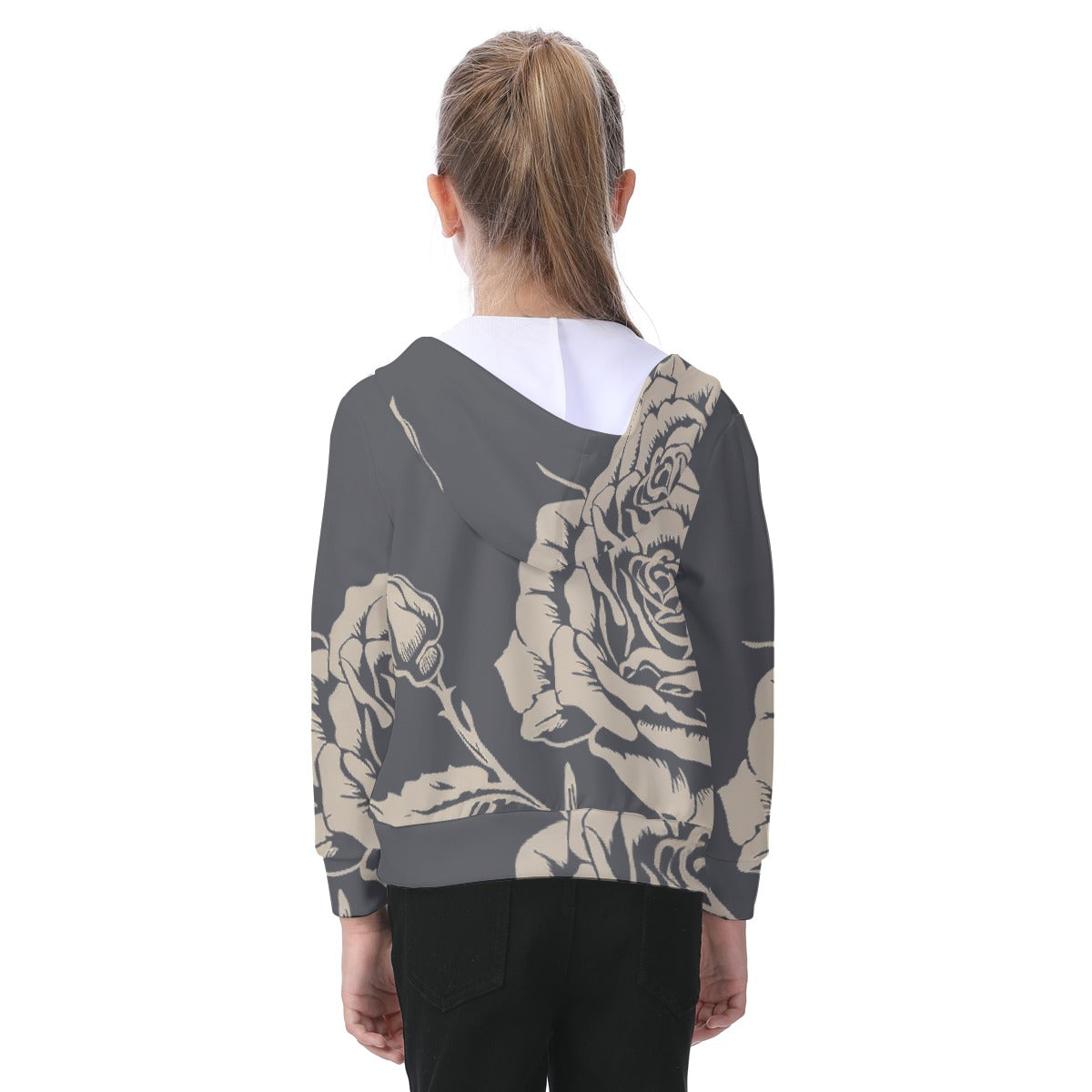 Grey Rose All-Over Print Kid's Zip-up Hoodie With Patch Pocket - Premium Kids clothes from Craftklart.store - Just $36! Shop now at Craftklart.store