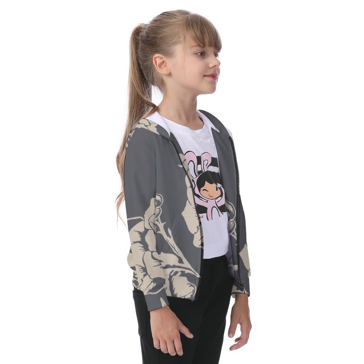 Grey Rose All-Over Print Kid's Zip-up Hoodie With Patch Pocket - Premium Kids clothes from Craftklart.store - Just $36! Shop now at Craftklart.store