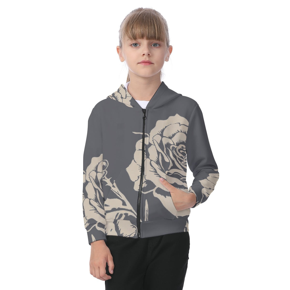 Grey Rose All-Over Print Kid's Zip-up Hoodie With Patch Pocket - Premium Kids clothes from Craftklart.store - Just $36! Shop now at Craftklart.store