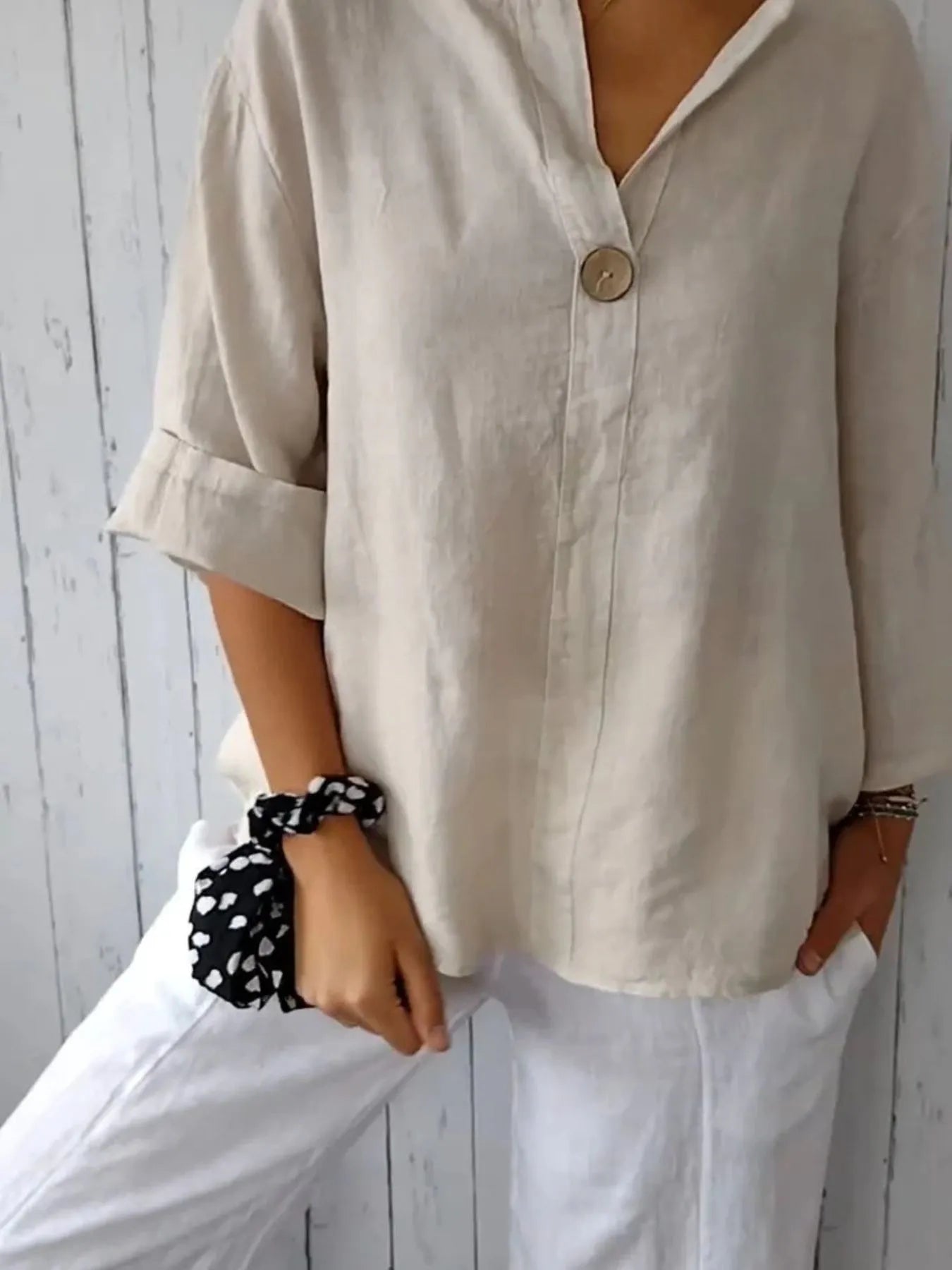 Full Size Linen Blend Notched Blouse Plus Size - Premium Shirt from Trendsi - Just $19.69! Shop now at Craftklart.store
