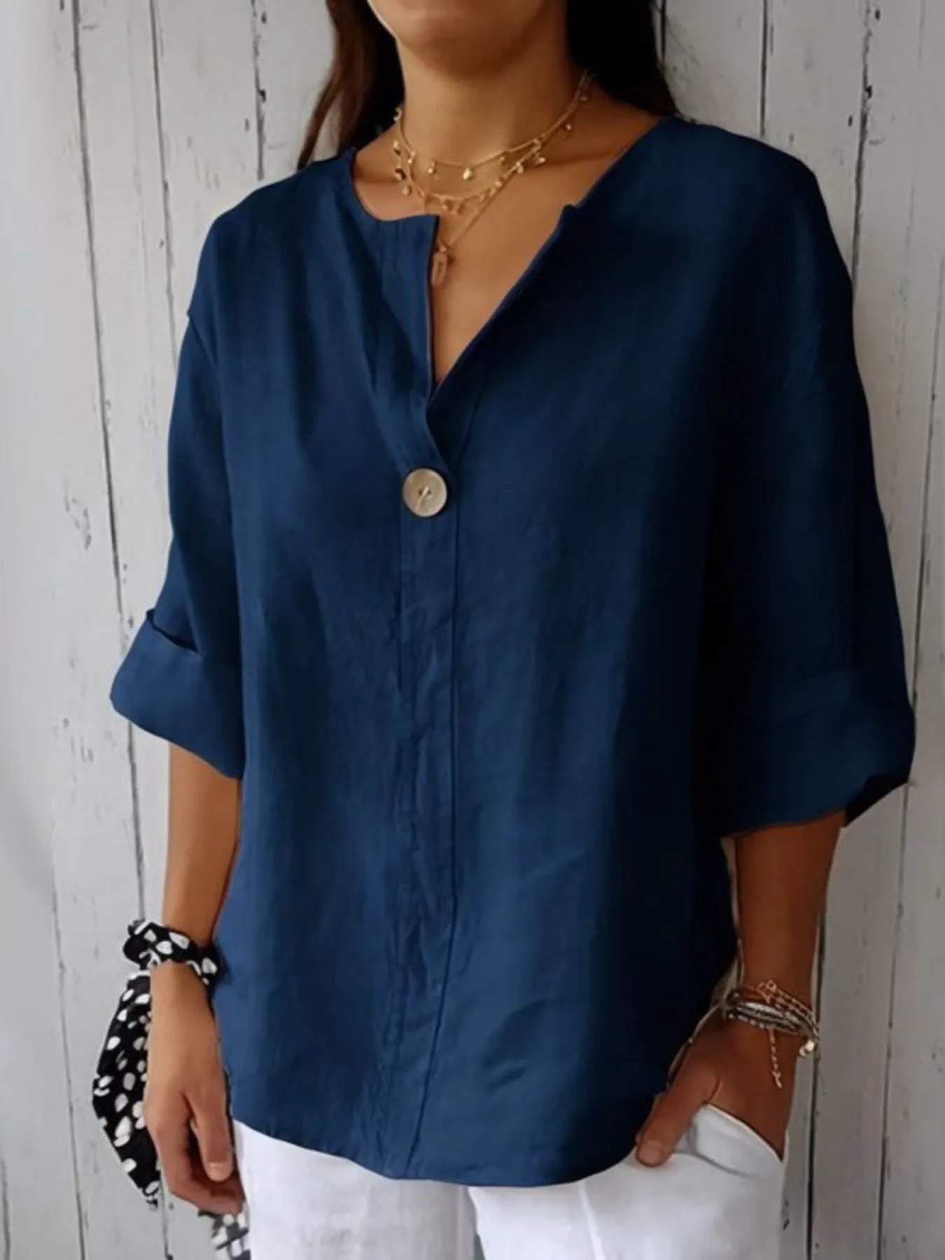 Full Size Linen Blend Notched Blouse Plus Size - Premium Shirt from Trendsi - Just $19.69! Shop now at Craftklart.store