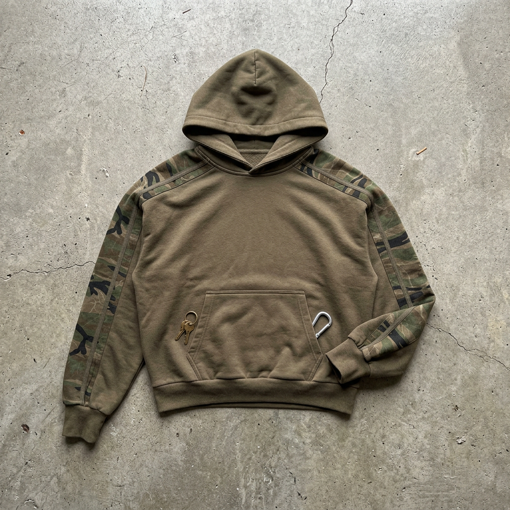 ODMPOD Fieldline Camo Panel Hoodie showing green camouflage fabric with a hood and front pocket.