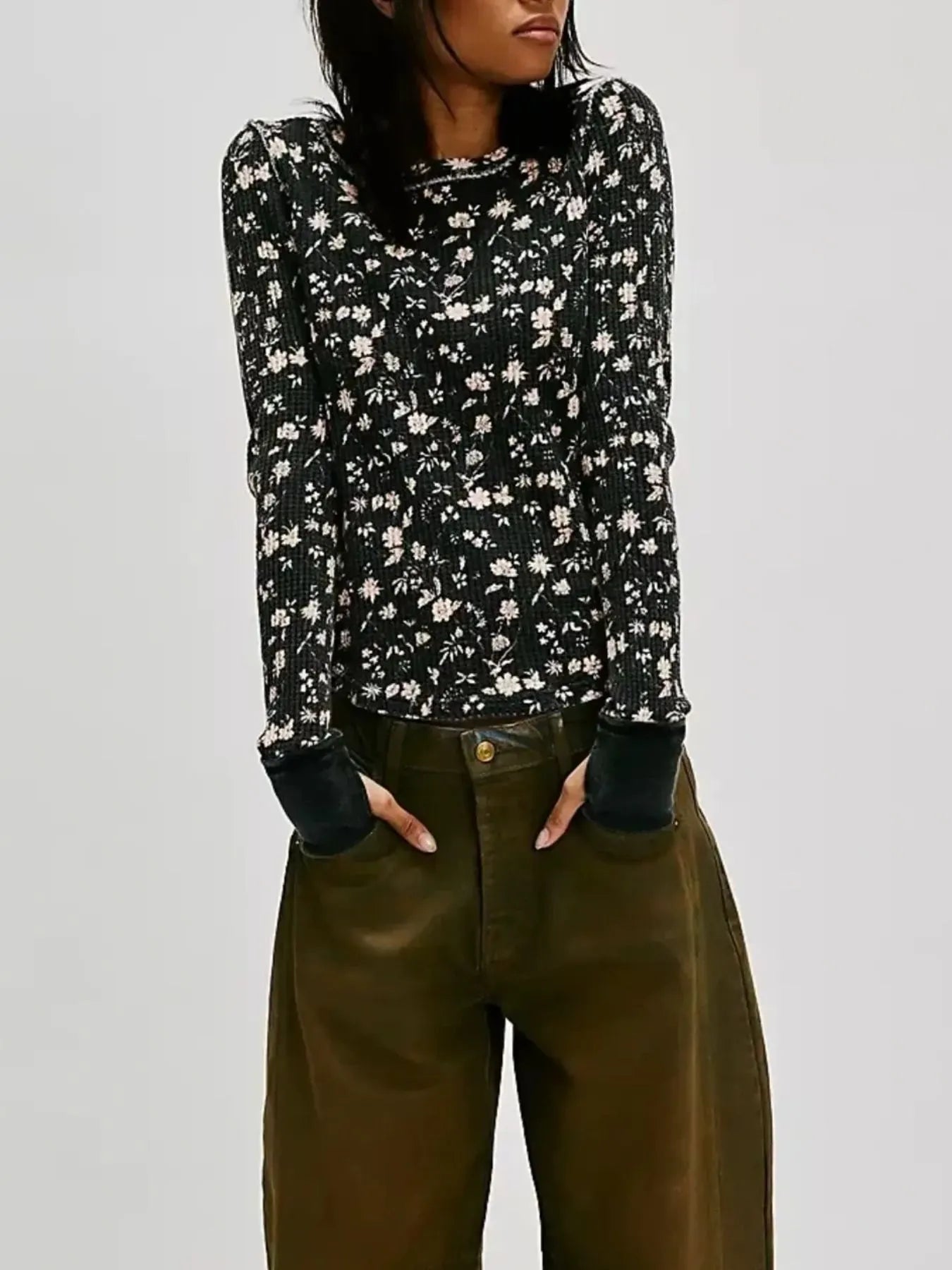 Floral Print Waffle Knit Top - Premium Jumper from Trendsi - Just $24.68! Shop now at Craftklart.store