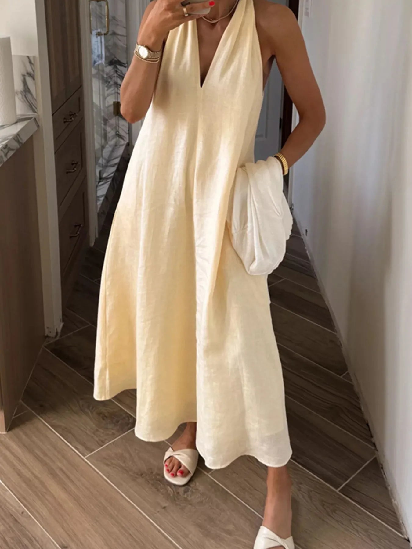 Halter V-Neck Linen Midi Dress - Premium from Trendsi - Just $28.78! Shop now at Craftklart.store