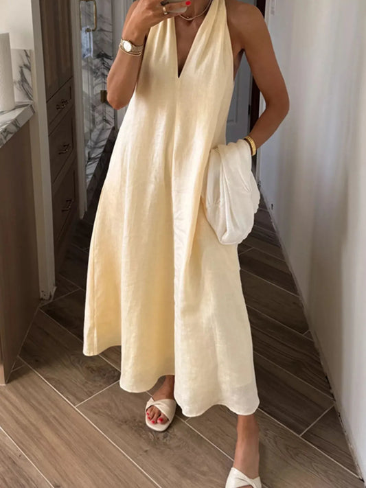 Halter V-Neck Linen Midi Dress - Premium  from Trendsi - Just $28.78! Shop now at Craftklart.store