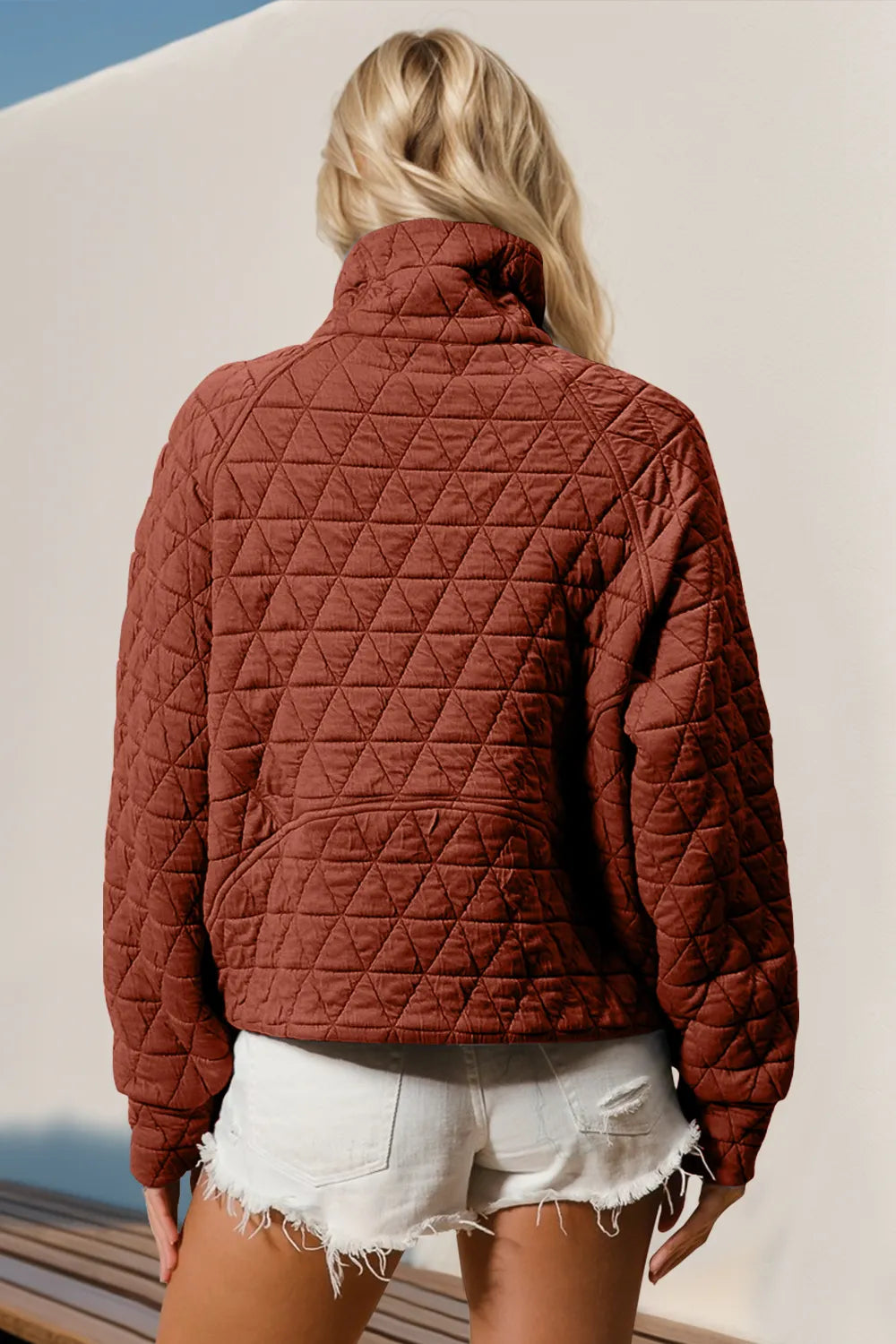 Double Take Half Zip Long Sleeve Quilted Sweatshirt with Pocket - Premium Bomber Jacket from Trendsi - Just $31.76! Shop now at Craftklart.store