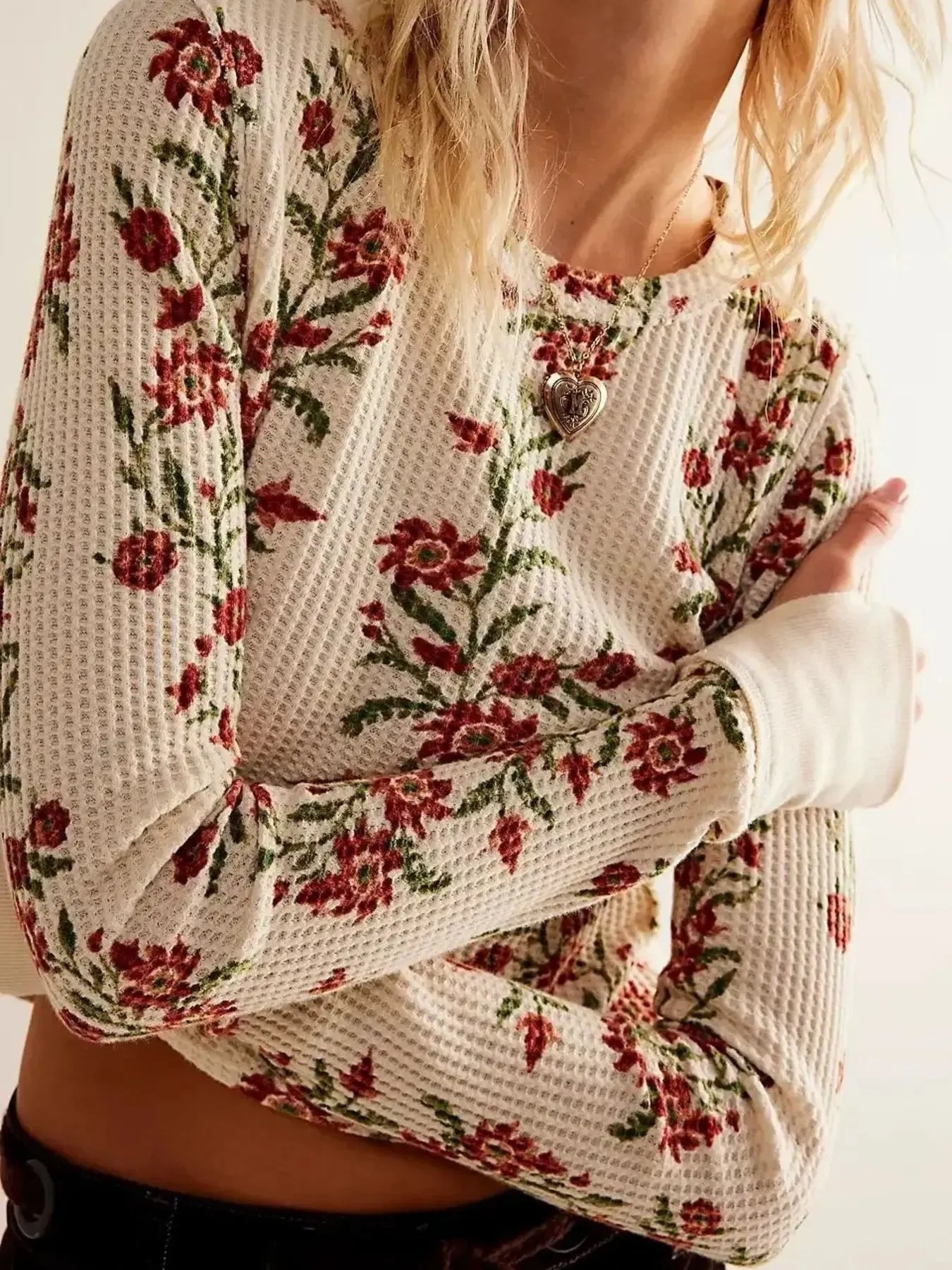 Floral Print Waffle Knit Top - Premium Jumper from Trendsi - Just $24.68! Shop now at Craftklart.store