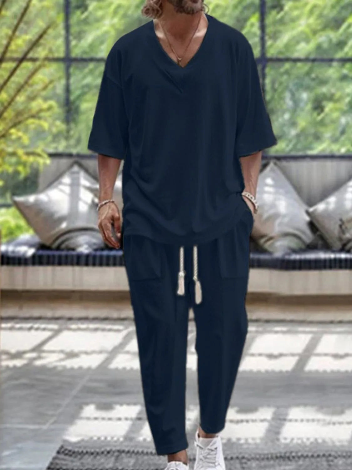 Men's V-Neck Half Sleeve Top and Pants Set - Premium from Trendsi - Just $23.01! Shop now at Craftklart.store