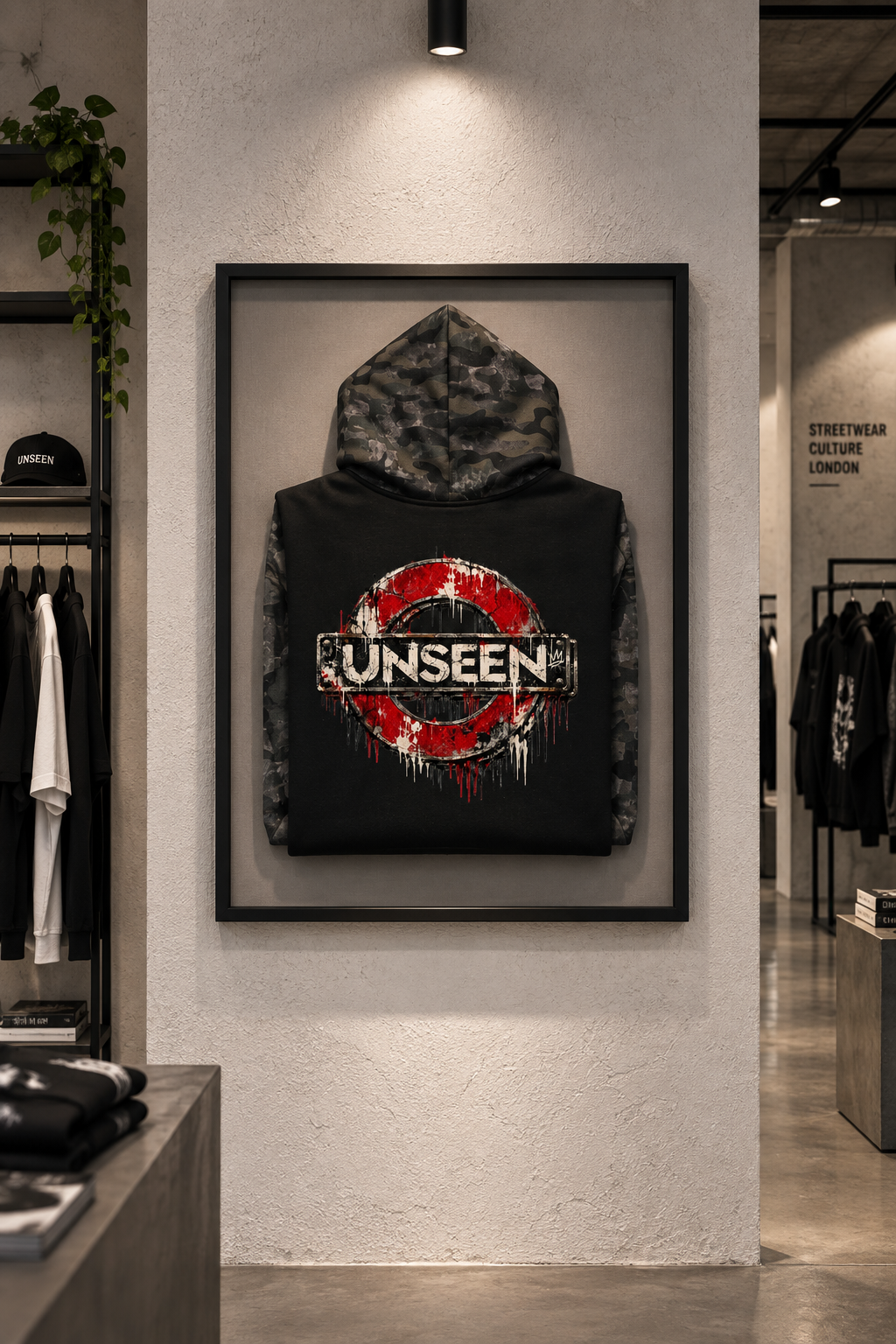 ODMPOD underground camo full zip boxy hoodie with hood and front pockets, featuring a camouflage pattern and relaxed fit.