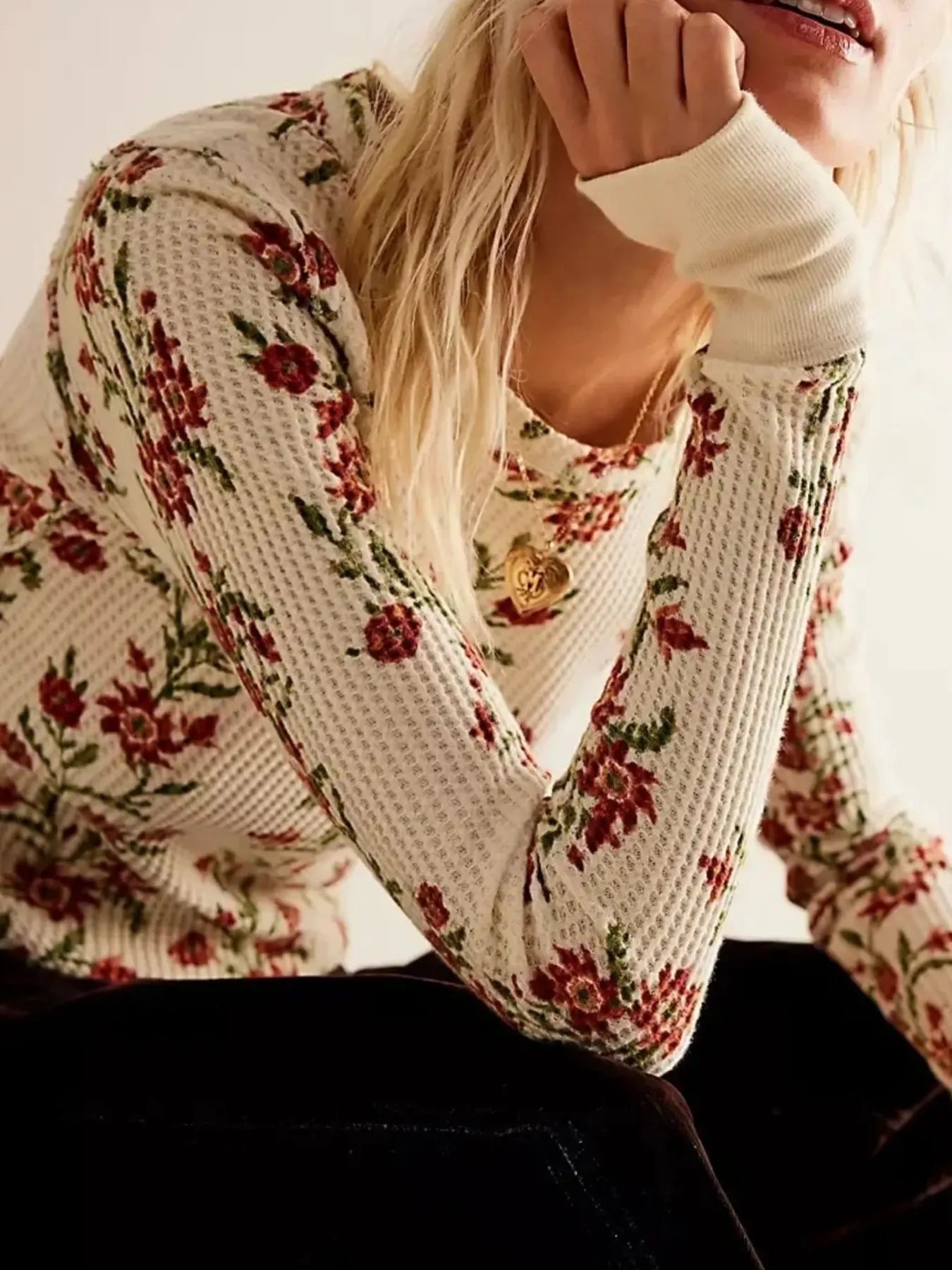 Floral Print Waffle Knit Top - Premium Jumper from Trendsi - Just $24.68! Shop now at Craftklart.store