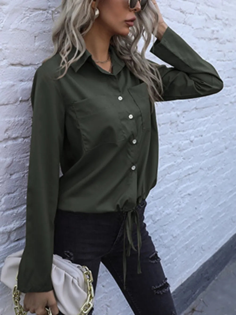 Perfee Tied Hem Button Down Long Sleeve Shirt - Premium Shirt from Trendsi - Just $20.05! Shop now at Craftklart.store