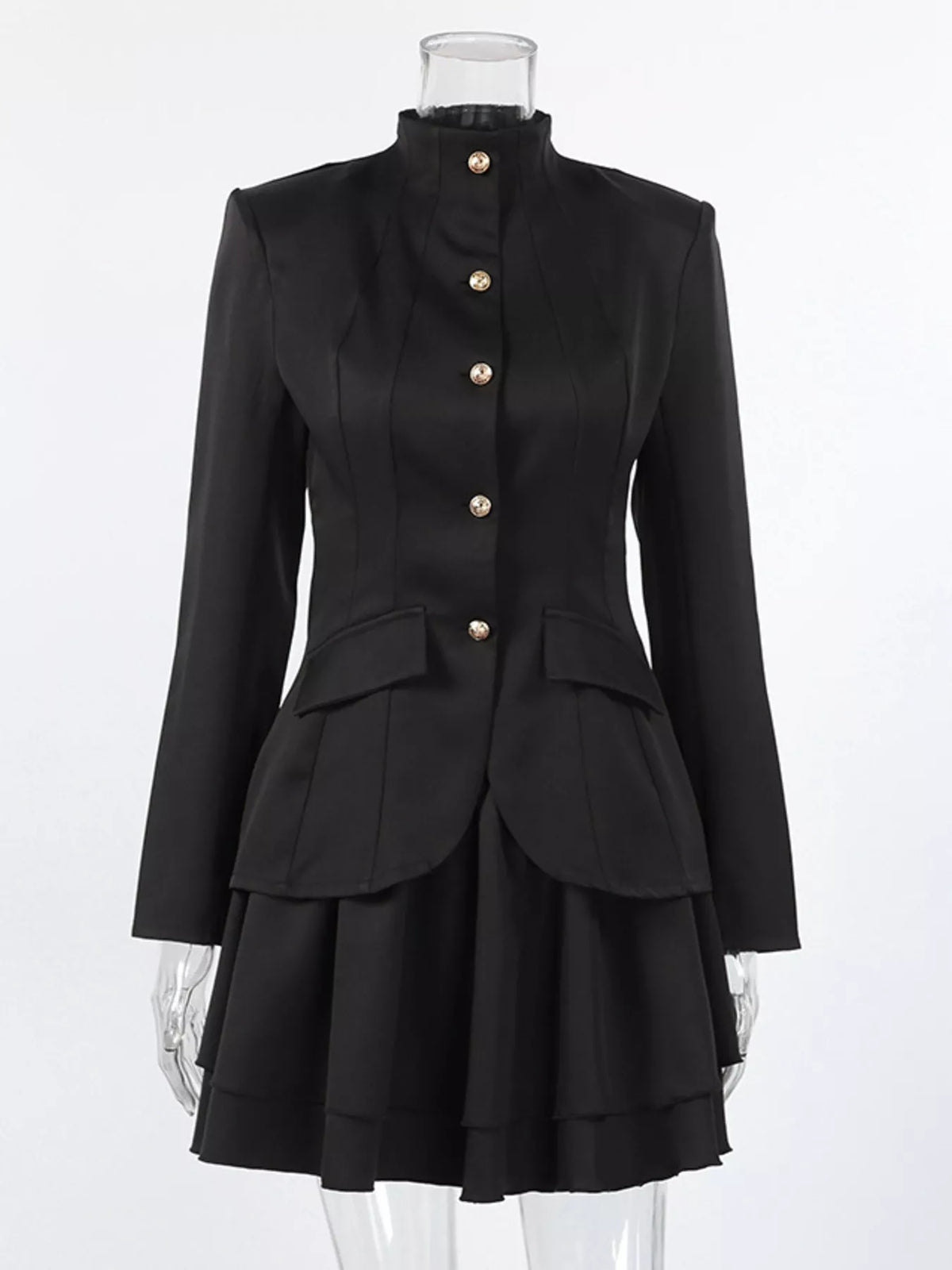 Elegant stand collar blazer and mini skirt dress by Trendsi, featuring a sophisticated design and tailored fit.