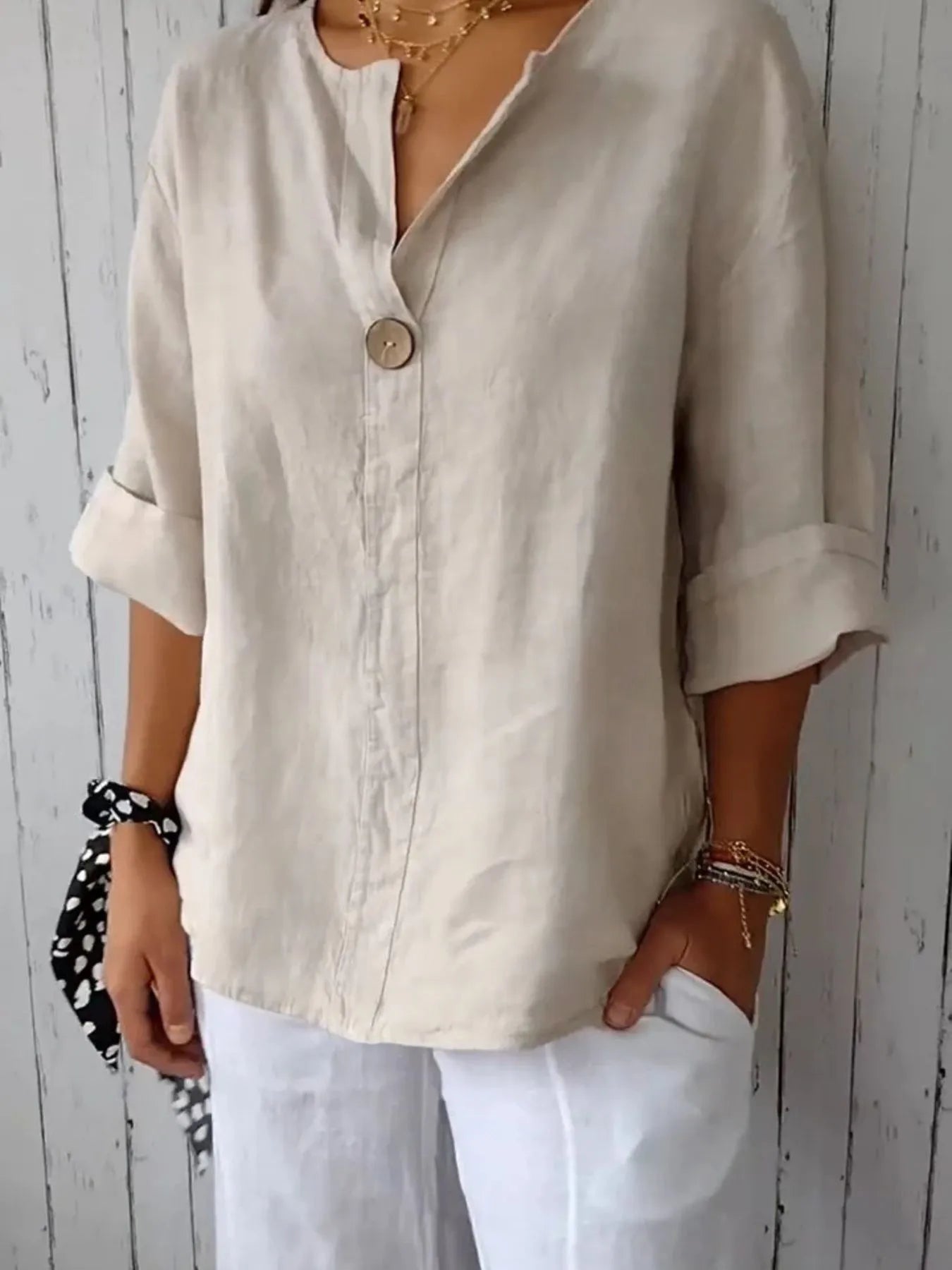 Full Size Linen Blend Notched Blouse Plus Size - Premium Shirt from Trendsi - Just $19.69! Shop now at Craftklart.store