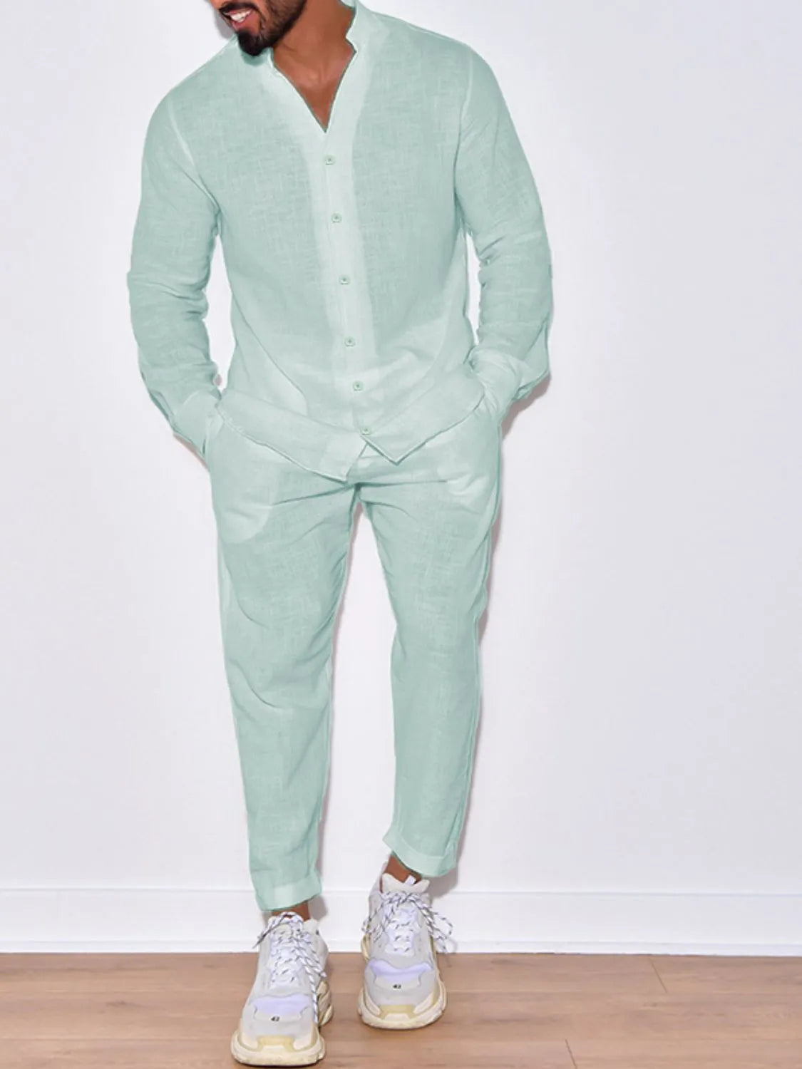 Men's Button Up Long Sleeve Top and Pants Set - Premium Pants from Trendsi - Just $24.57! Shop now at Craftklart.store