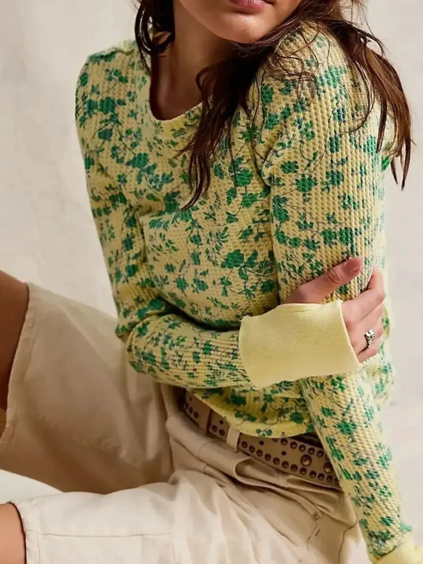 Floral Print Waffle Knit Top - Premium Jumper from Trendsi - Just $24.68! Shop now at Craftklart.store