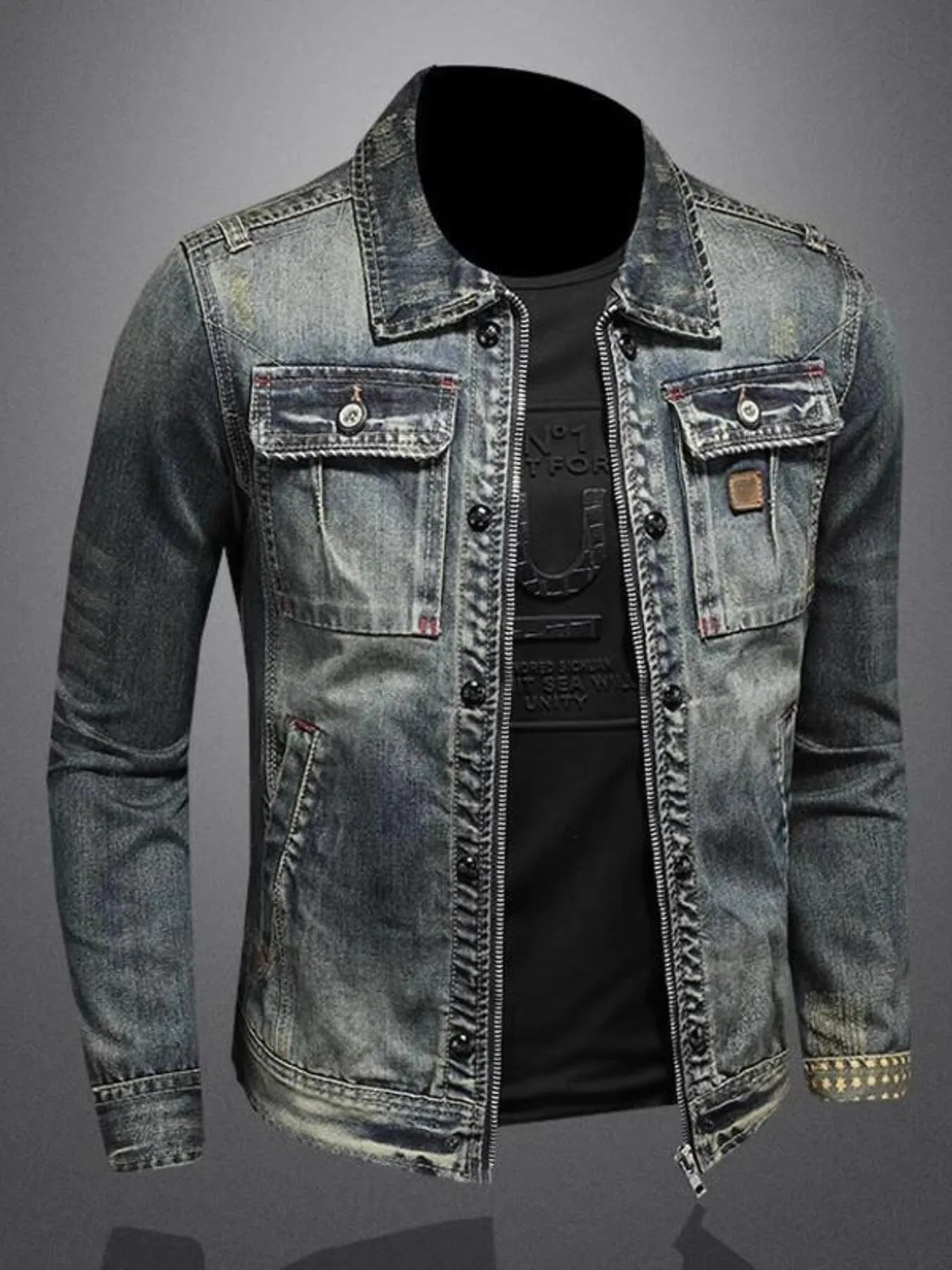 Men's Plus Size Vintage Washed Zip Up Denim Jacket - Premium Denim Jacket from Trendsi - Just $51.06! Shop now at Craftklart.store