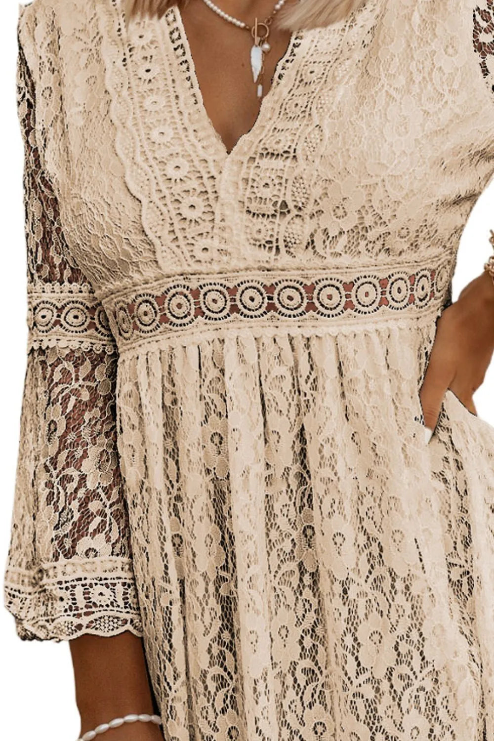 Lace V-Neck Three-Quarter Sleeve Dress - Premium Dress from Trendsi - Just $27.33! Shop now at Craftklart.store