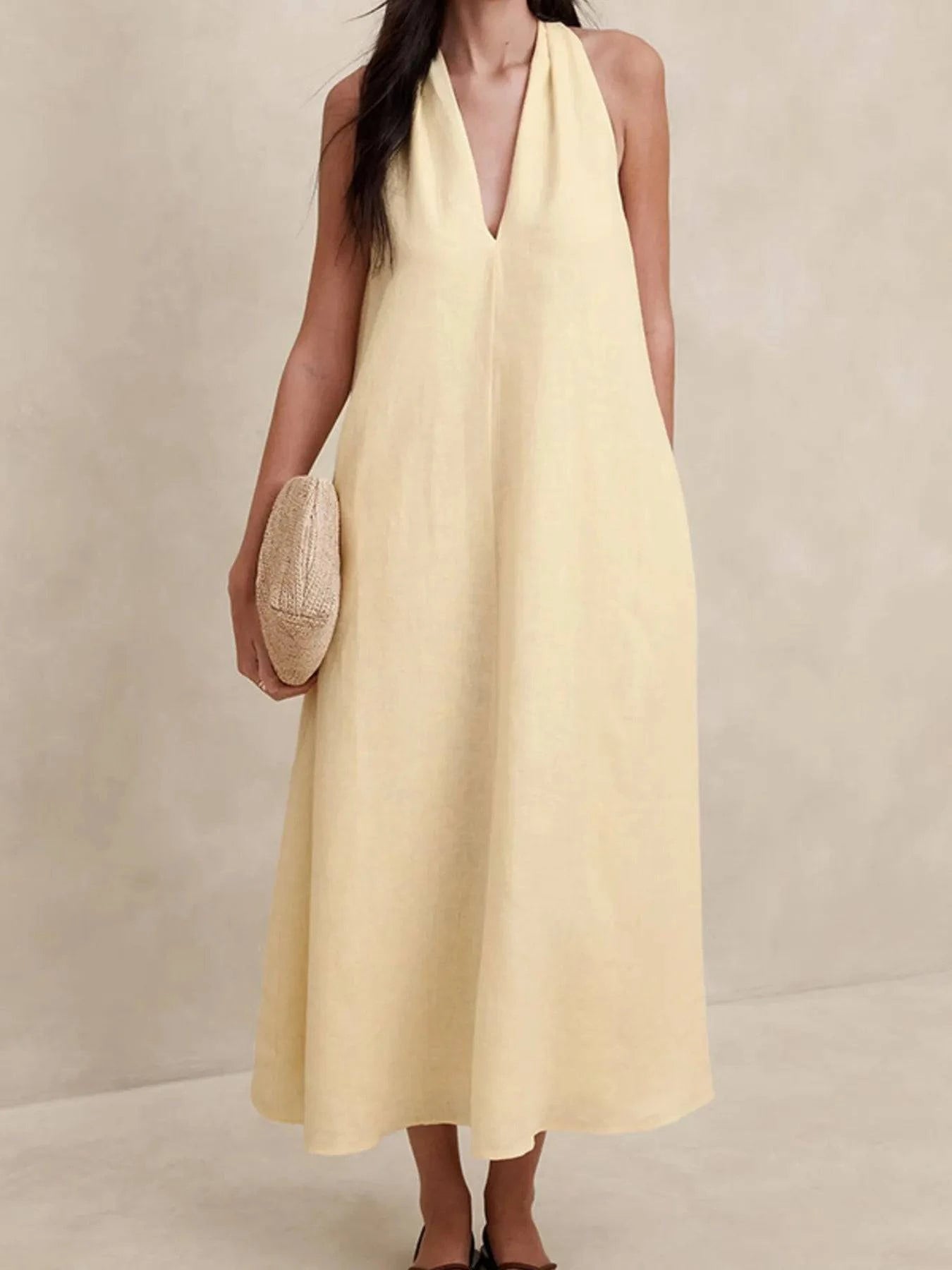 Halter V-Neck Linen Midi Dress | Minimalist Streetwear | Craftklart