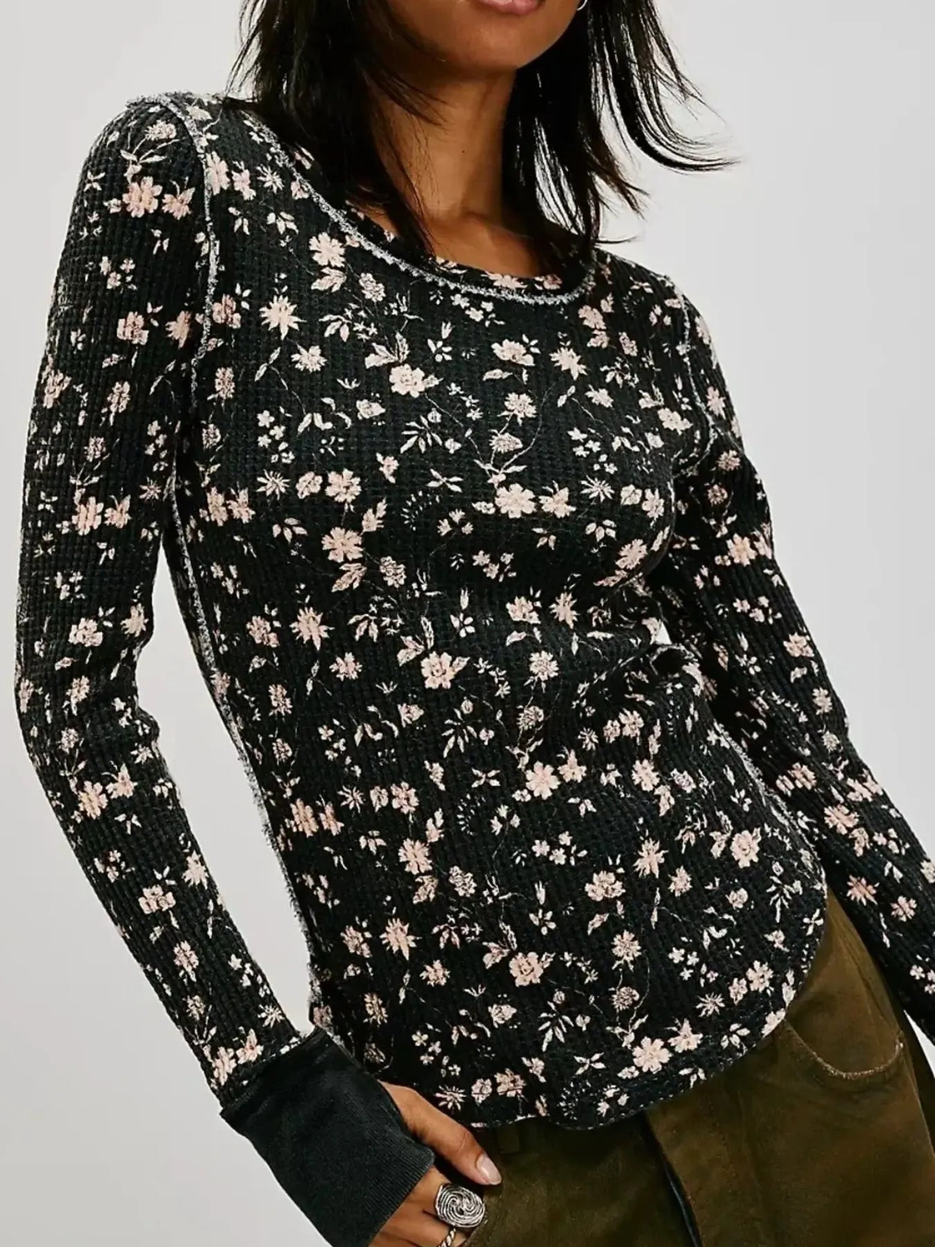 Floral Print Waffle Knit Top - Premium Jumper from Trendsi - Just $24.68! Shop now at Craftklart.store