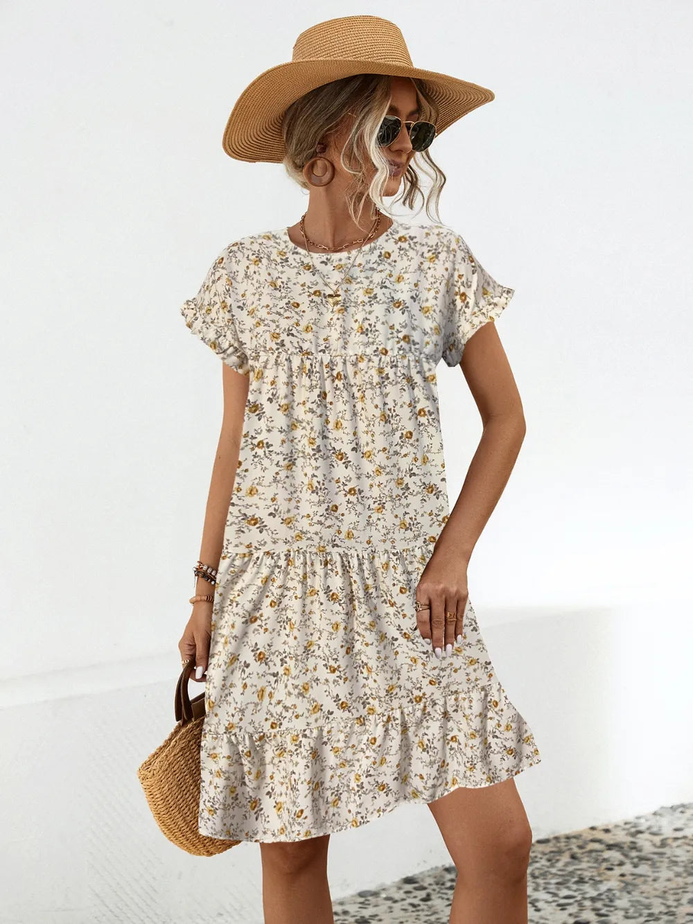 Frill Floral Round Neck Short Sleeve Tiered Dress - Premium Dress from Trendsi - Just $19.46! Shop now at Craftklart.store