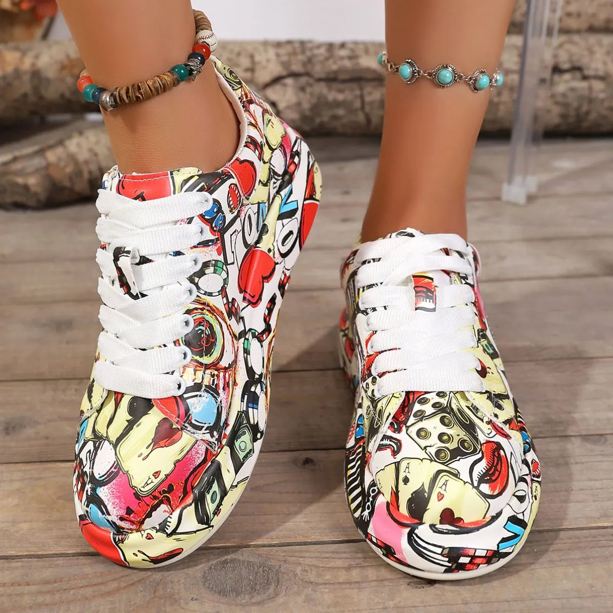 Abstract Print Lace Up Sneakers - Premium Sneakers from Trendsi - Just $41.35! Shop now at Craftklart.store