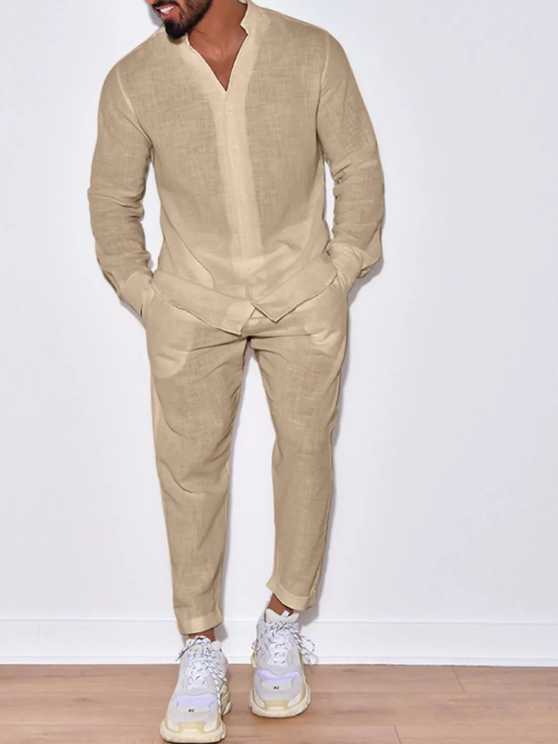 Men's Button Up Long Sleeve Top and Pants Set - Premium Pants from Trendsi - Just $24.57! Shop now at Craftklart.store