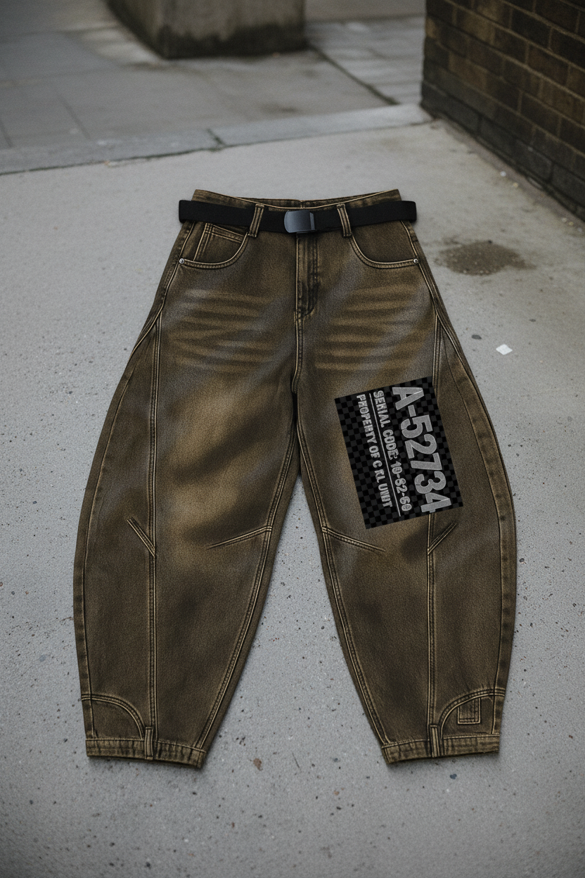 Street washed curved loose-fit jeans from Urban Fashion & Streetwear, showing front view with distressed details and relaxed fit.