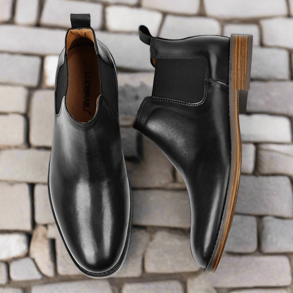 Men's black leather Chelsea boots by Craftklart Dropship, stylish formal footwear with elastic side panels and sleek design.