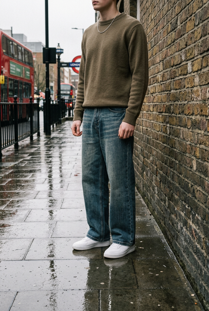 ODMPOD Driftline straight leg jeans in a classic denim wash with five-pocket styling