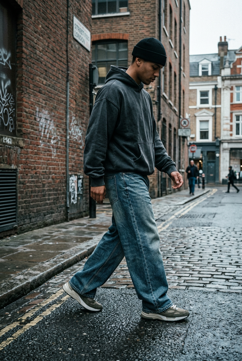 ODMPOD Driftline straight leg jeans in a classic denim wash with five-pocket styling and button closure