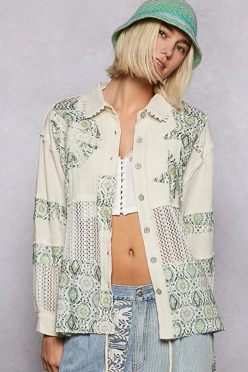 POL Printed Crochet Patchwork Button-Up Shirt - Premium Shirt from Trendsi - Just $48.89! Shop now at Craftklart.store