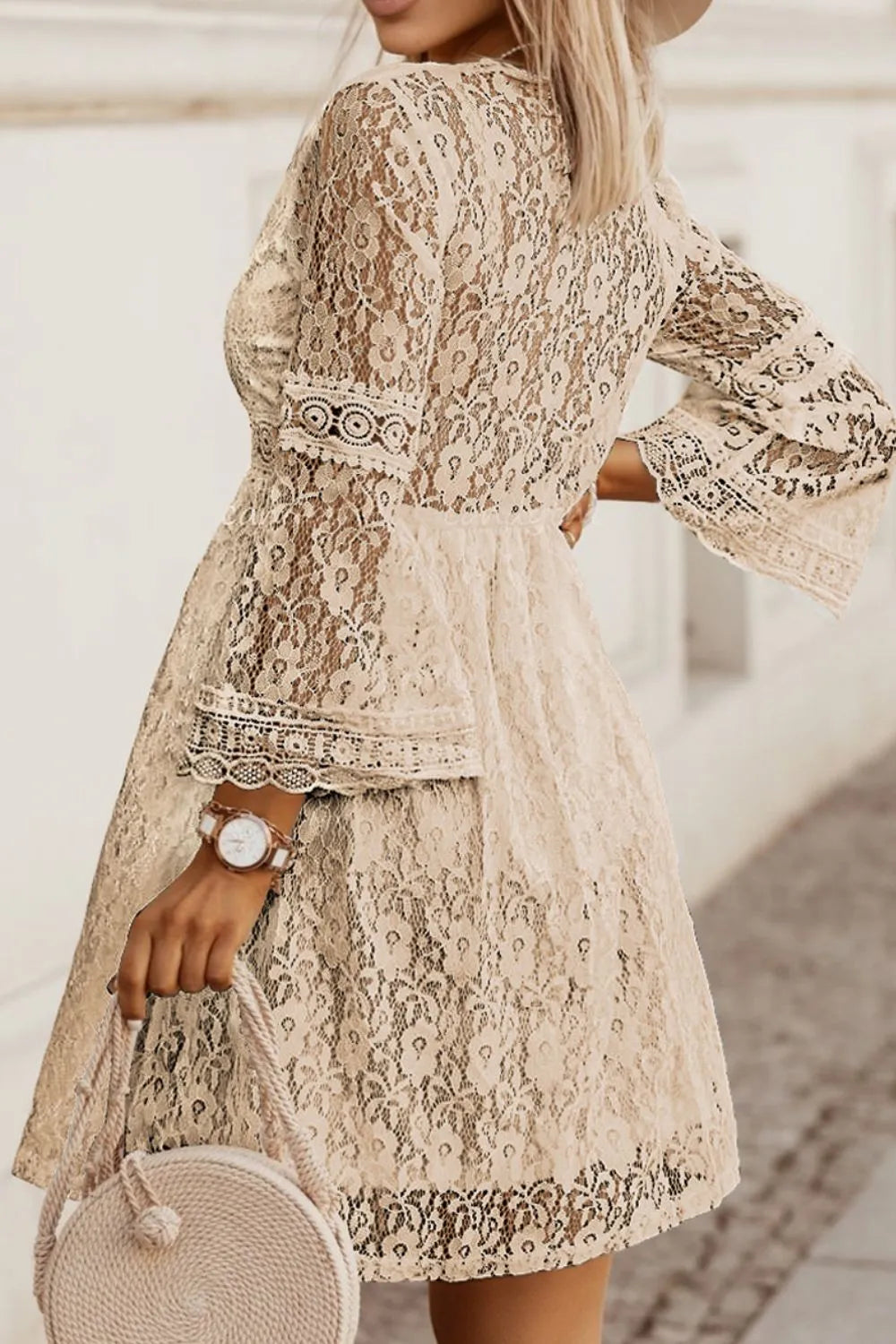 Lace V-Neck Three-Quarter Sleeve Dress - Premium Dress from Trendsi - Just $27.33! Shop now at Craftklart.store