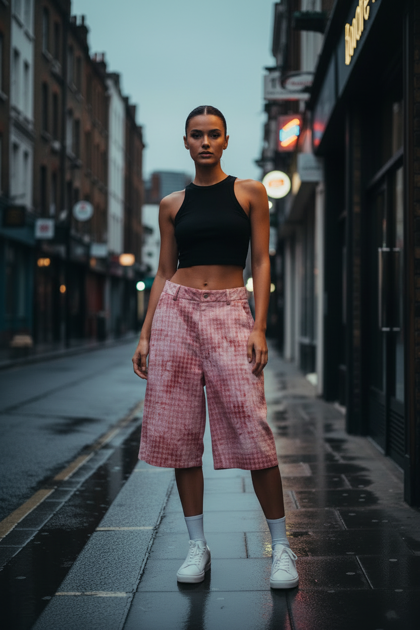 Vintage plaid loose shorts by ODMPOD featuring a relaxed fit and classic pattern, shown in a casual outdoor setting.